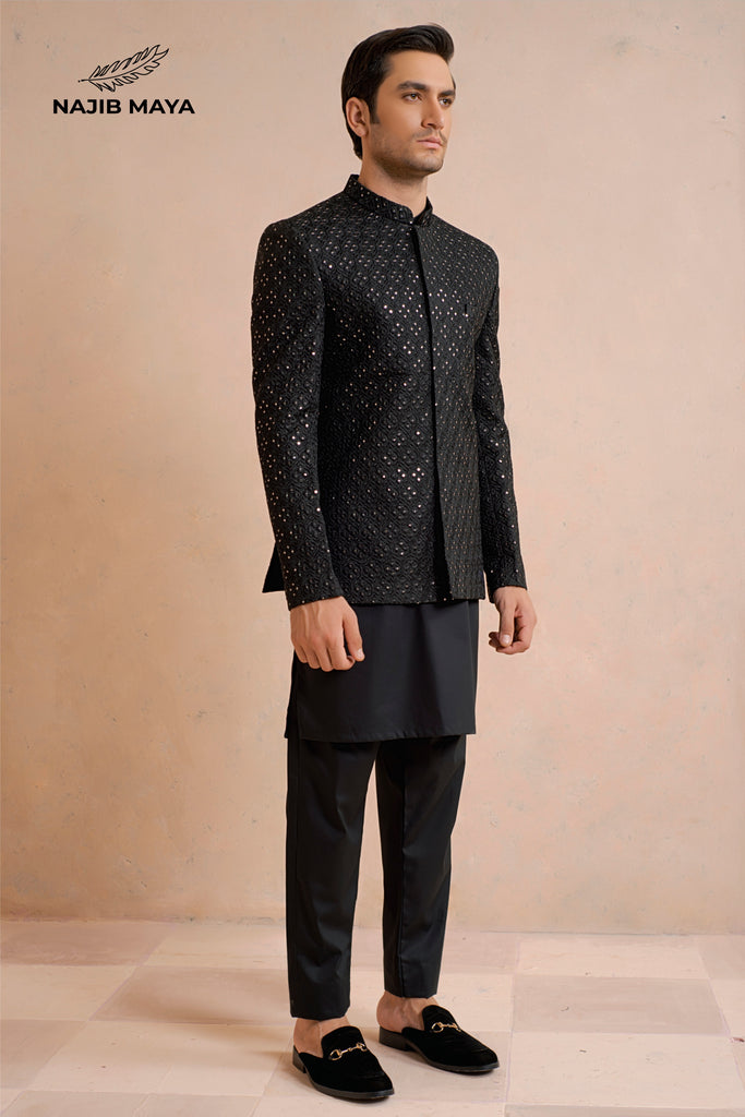 Black Sequence Prince Coat + Black Kurta Pajama For Men's