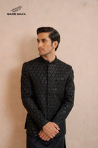 Black Sequence Prince Coat + Black Kurta Pajama For Men's
