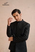 Black Sequence Prince Coat + Black Kurta Pajama For Men's