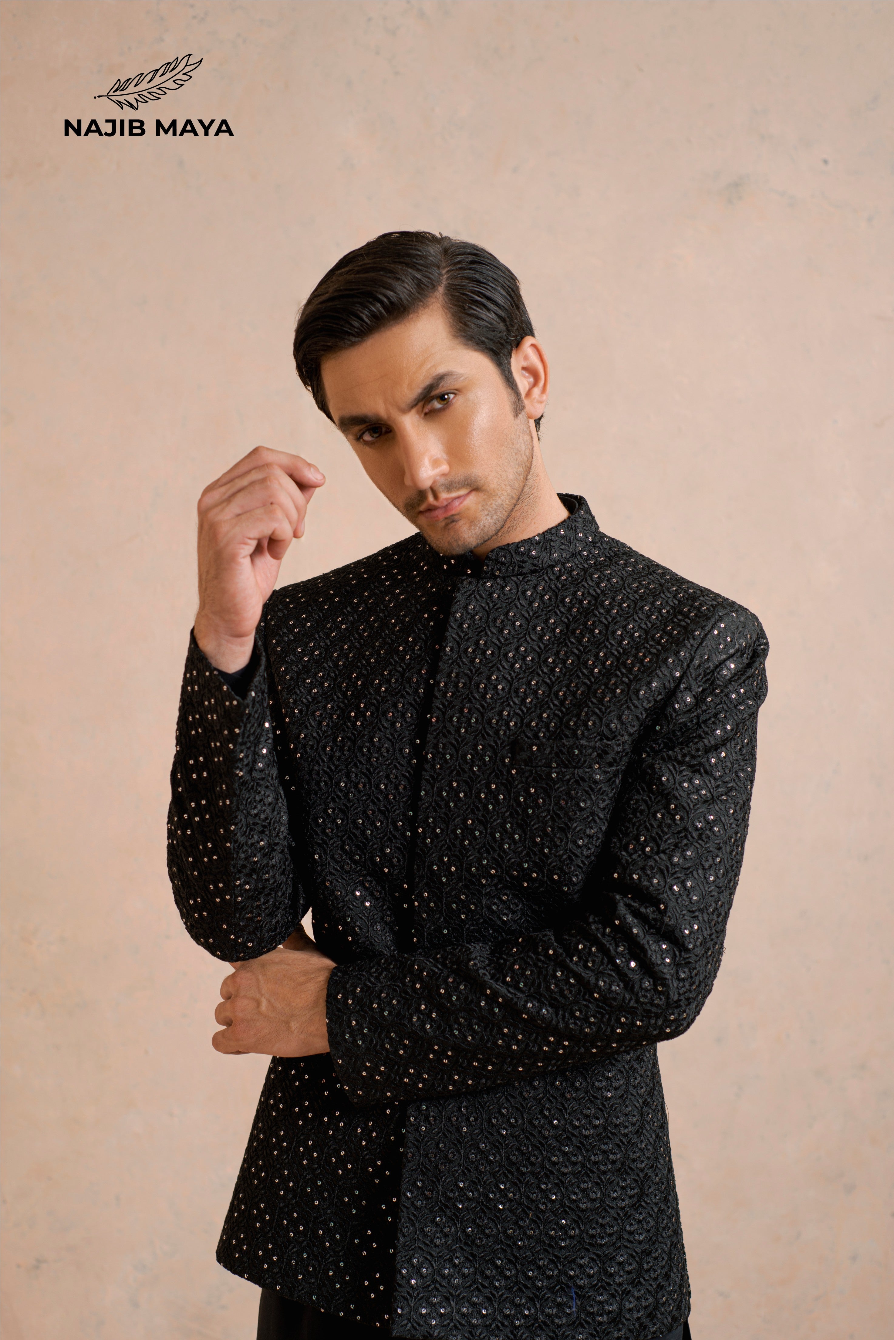 Black Sequence Prince Coat + Black Kurta Pajama For Men's