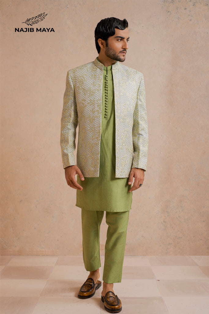 Powder Green Embroidery Prince Coat + Pistayi Kurta Pajama For Men's