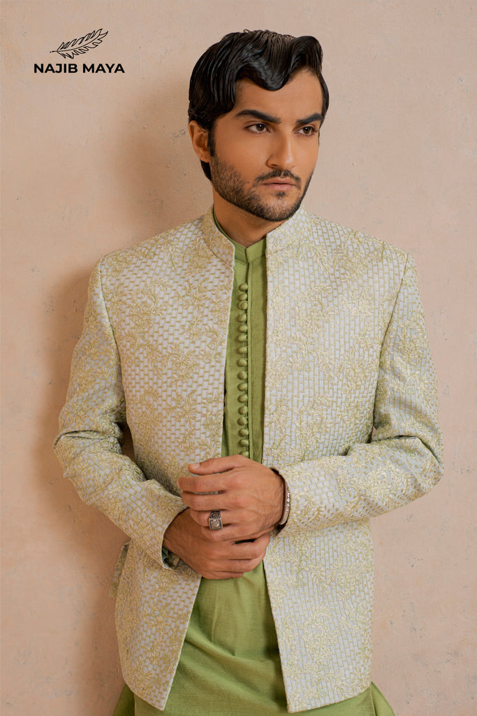 Powder Green Embroidery Prince Coat + Pistayi Kurta Pajama For Men's