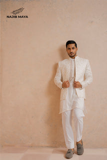 Classic White Embroidery Prince Coat + White Embroidery Kurta Pajama For Men's