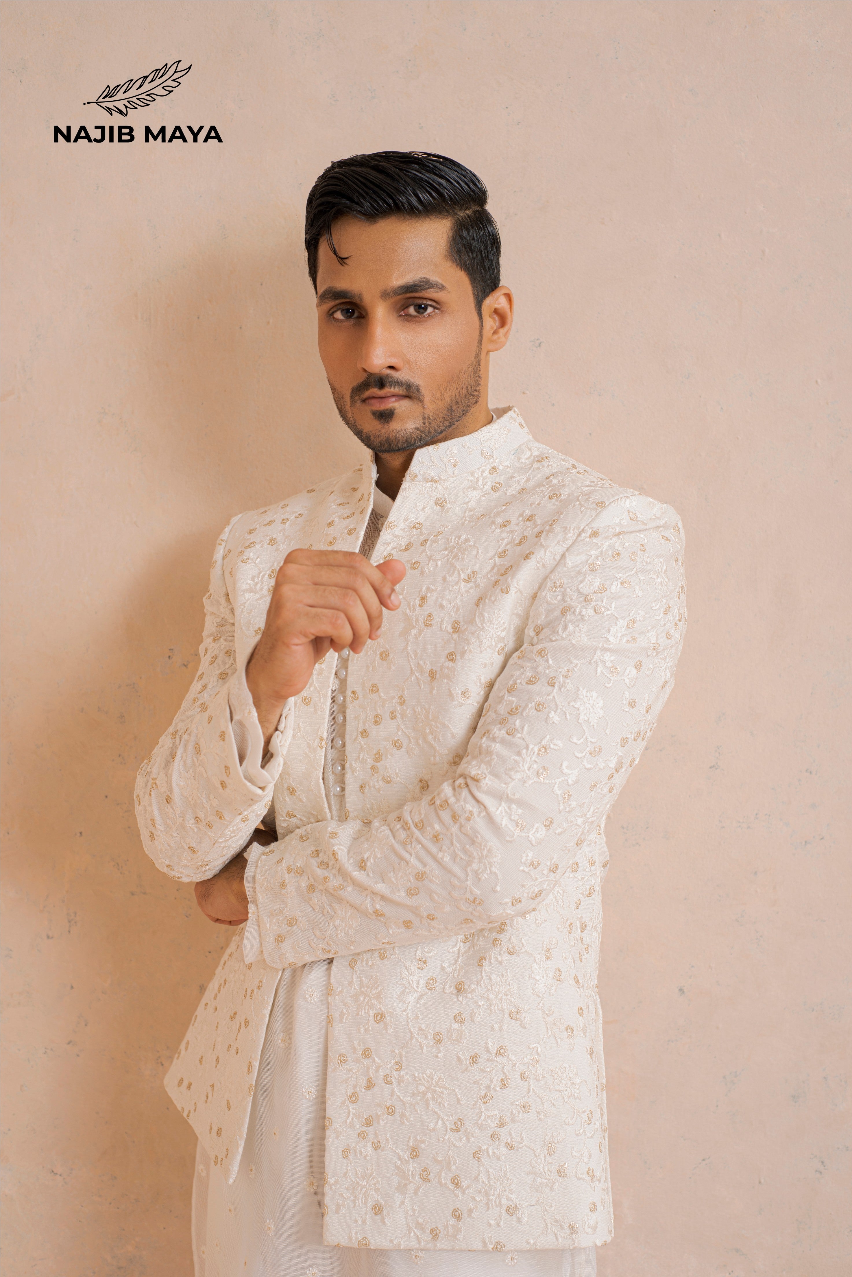 Classic White Embroidery Prince Coat + White Embroidery Kurta Pajama For Men's Secondary image
