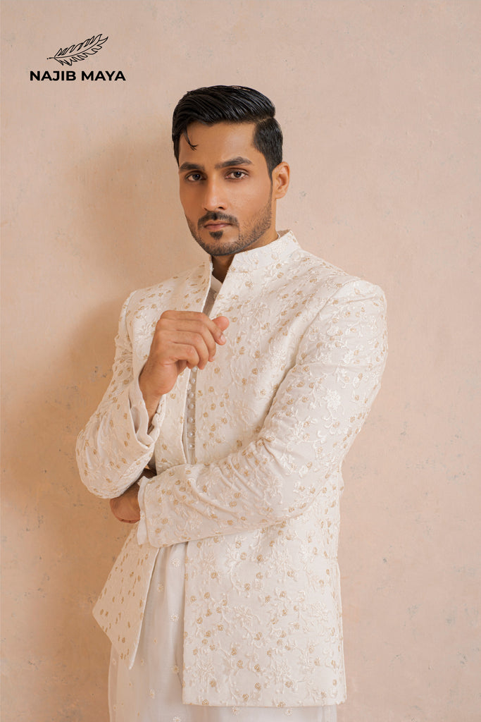 Classic White Embroidery Prince Coat + White Embroidery Kurta Pajama For Men's