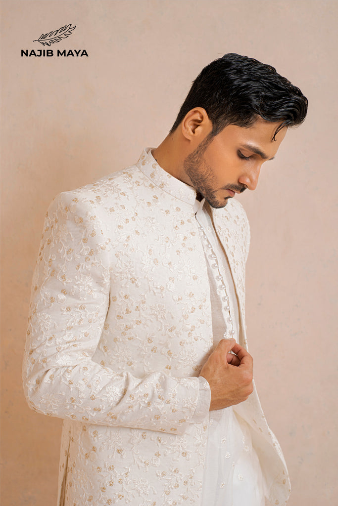 Classic White Embroidery Prince Coat + White Embroidery Kurta Pajama For Men's