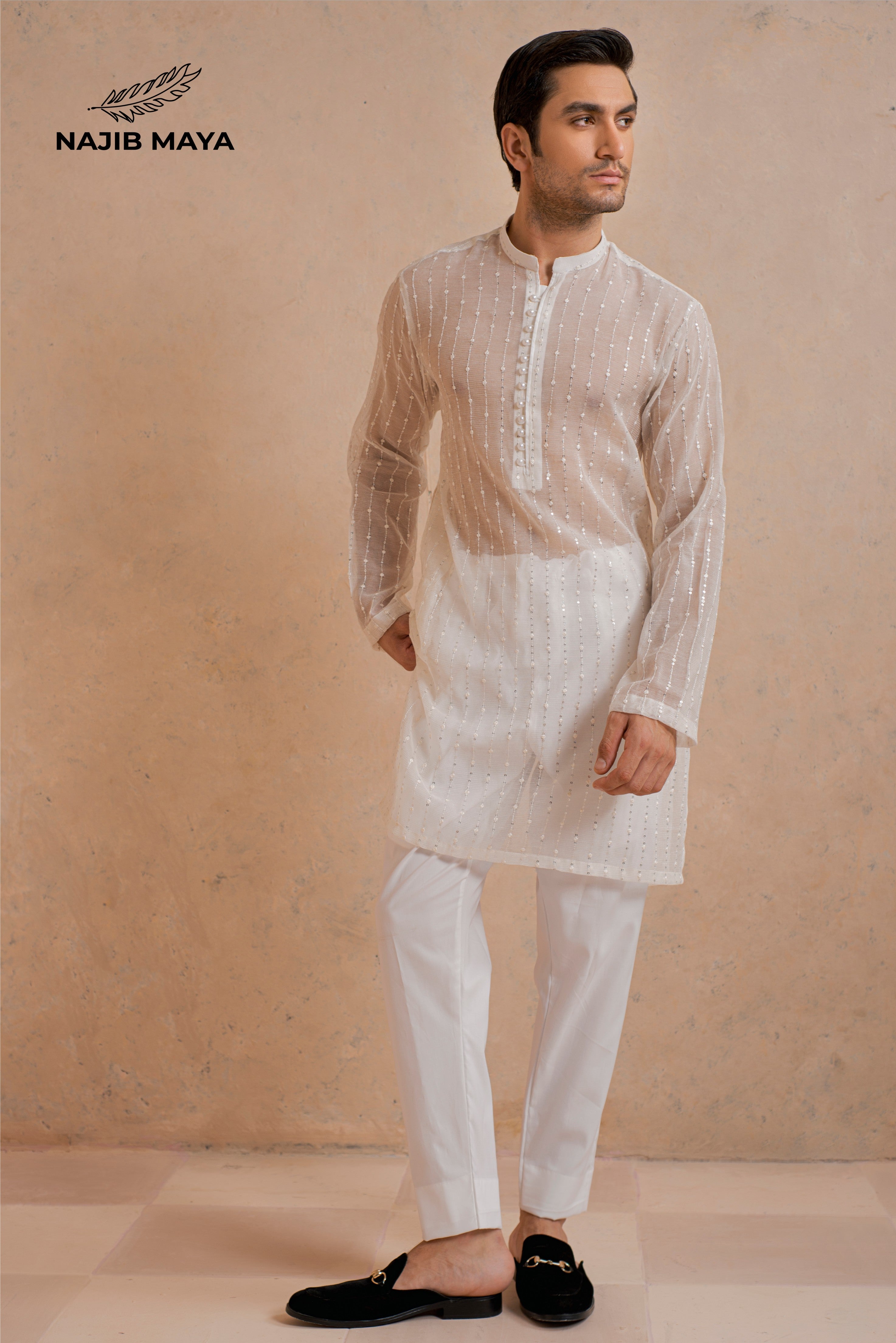 White Embroidery Kurta Pajama For Men's Main image