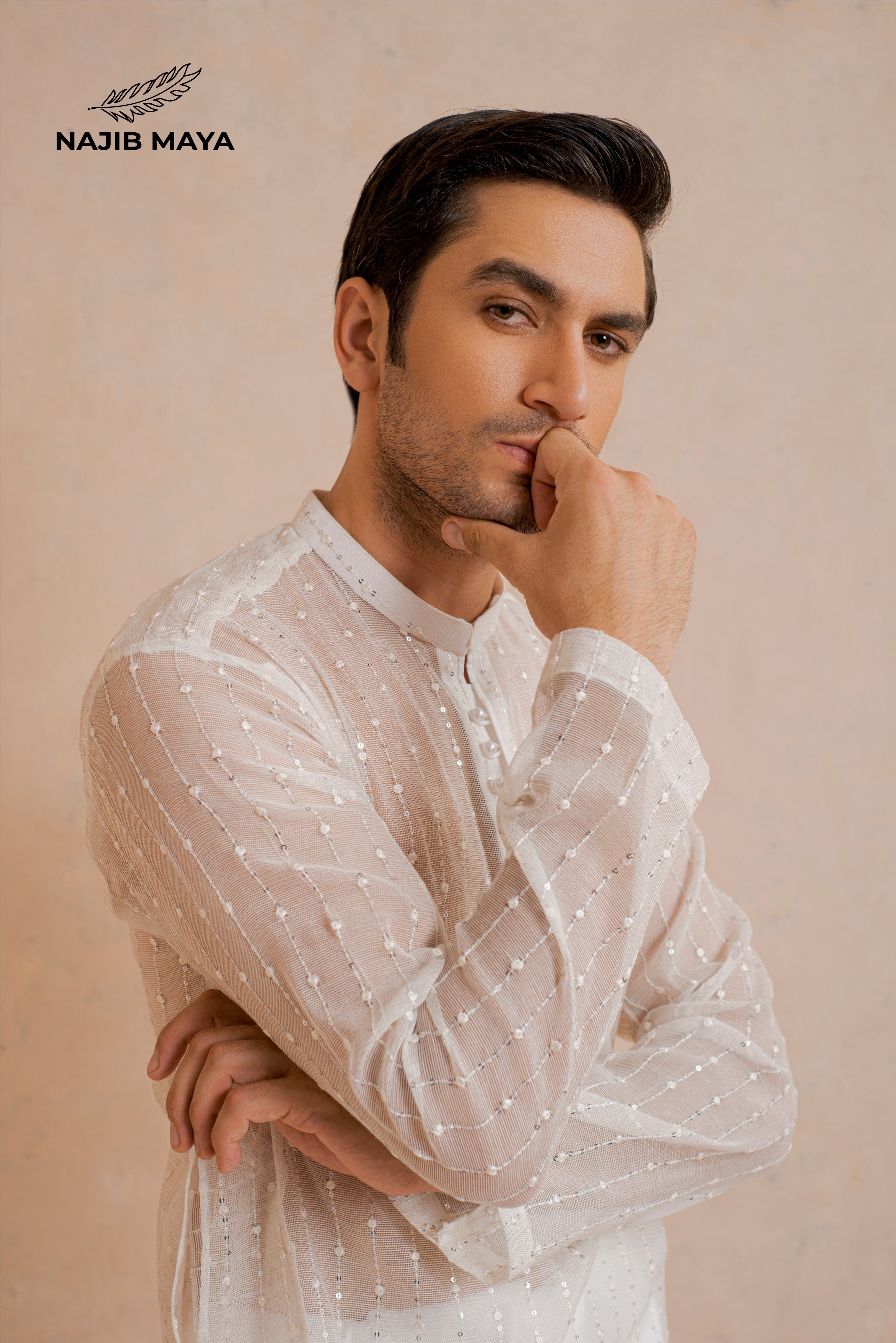 White Embroidery Kurta Pajama For Men's Secondary image