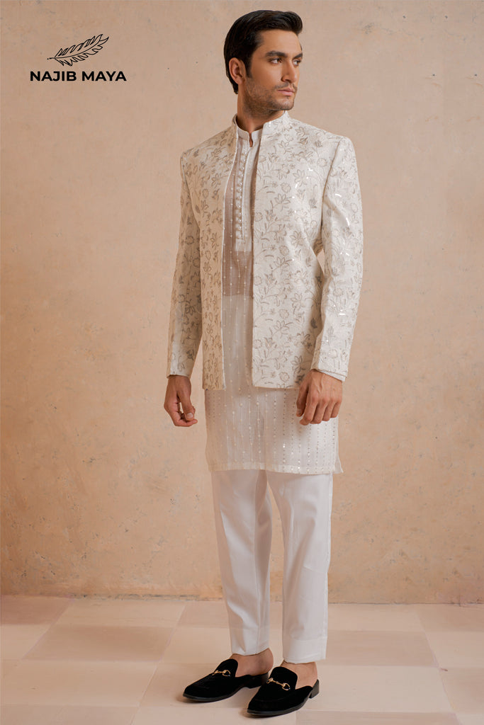 Premium White Embroidery Prince Coat + White Embroidery Kurta Pajama For Men's