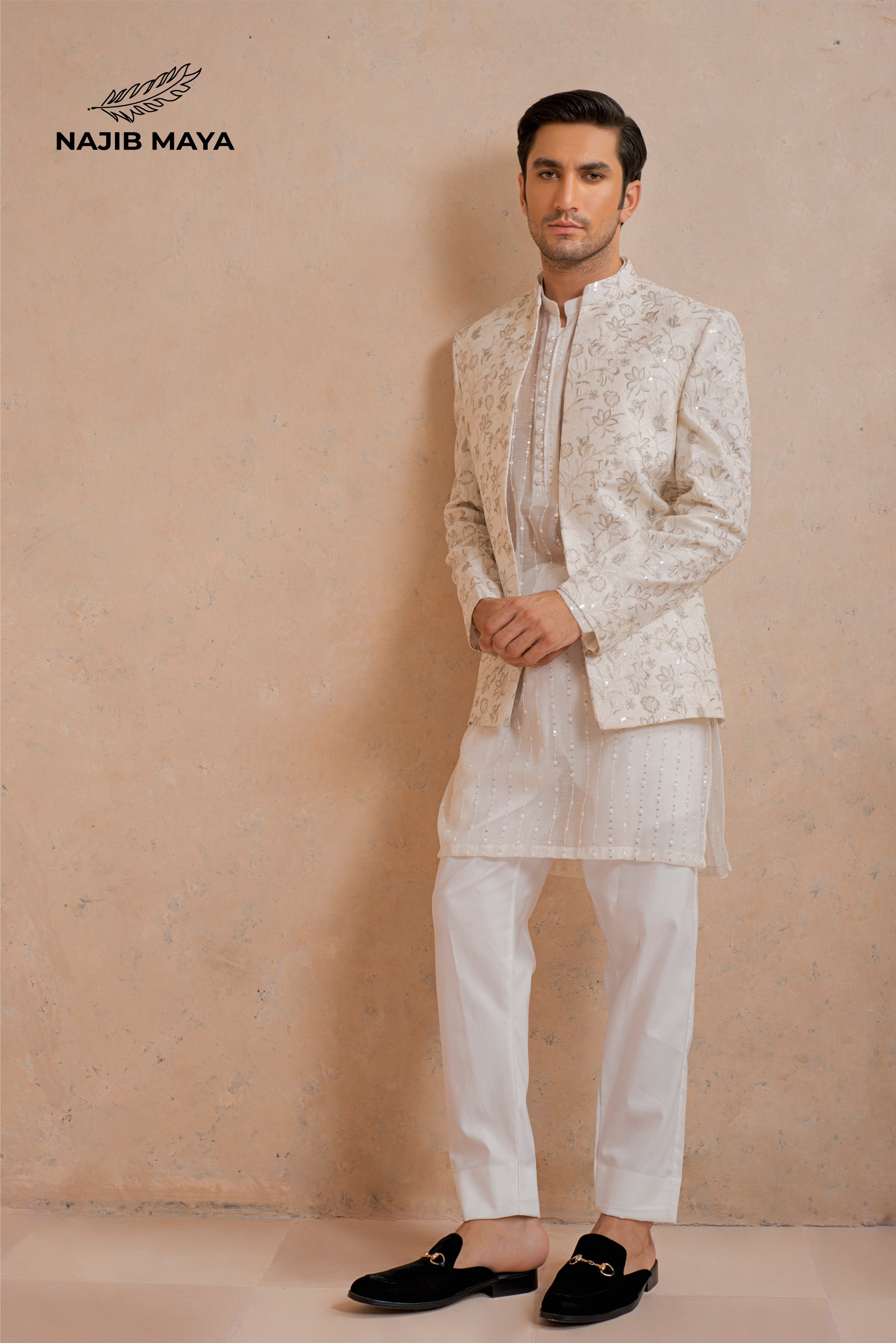 Premium White Embroidery Prince Coat + White Embroidery Kurta Pajama For Men's Main image