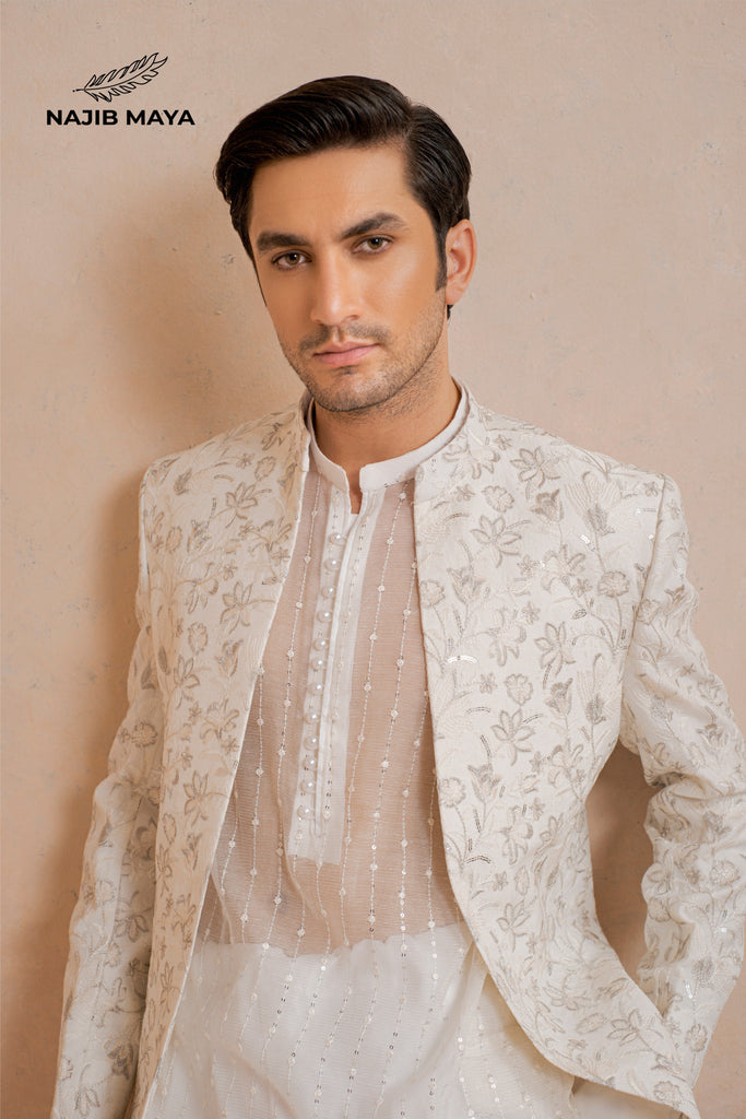 Premium White Embroidery Prince Coat + White Embroidery Kurta Pajama For Men's