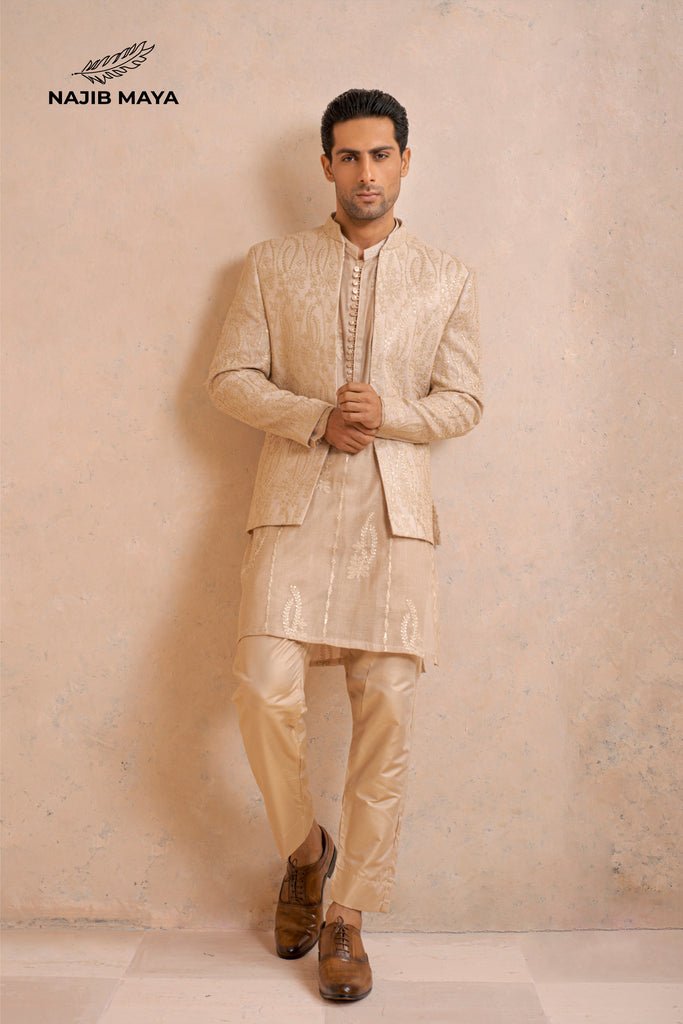 Biscuity Embroidery Prince Coat + Biscuity Embroidery Kurta Pajama For Men's