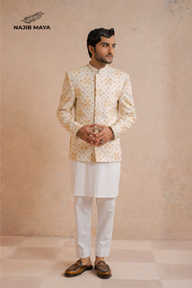White & Cream Prince Coat + White Kurta Pajama For Men's