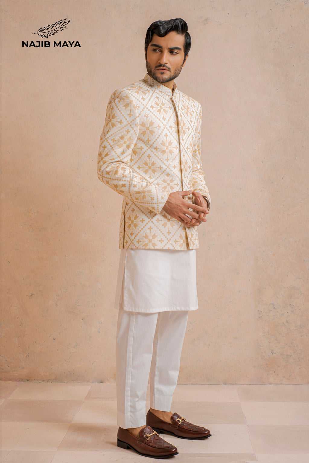 White & Cream Prince Coat + White Kurta Pajama For Men's