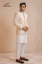 White & Cream Prince Coat + White Kurta Pajama For Men's
