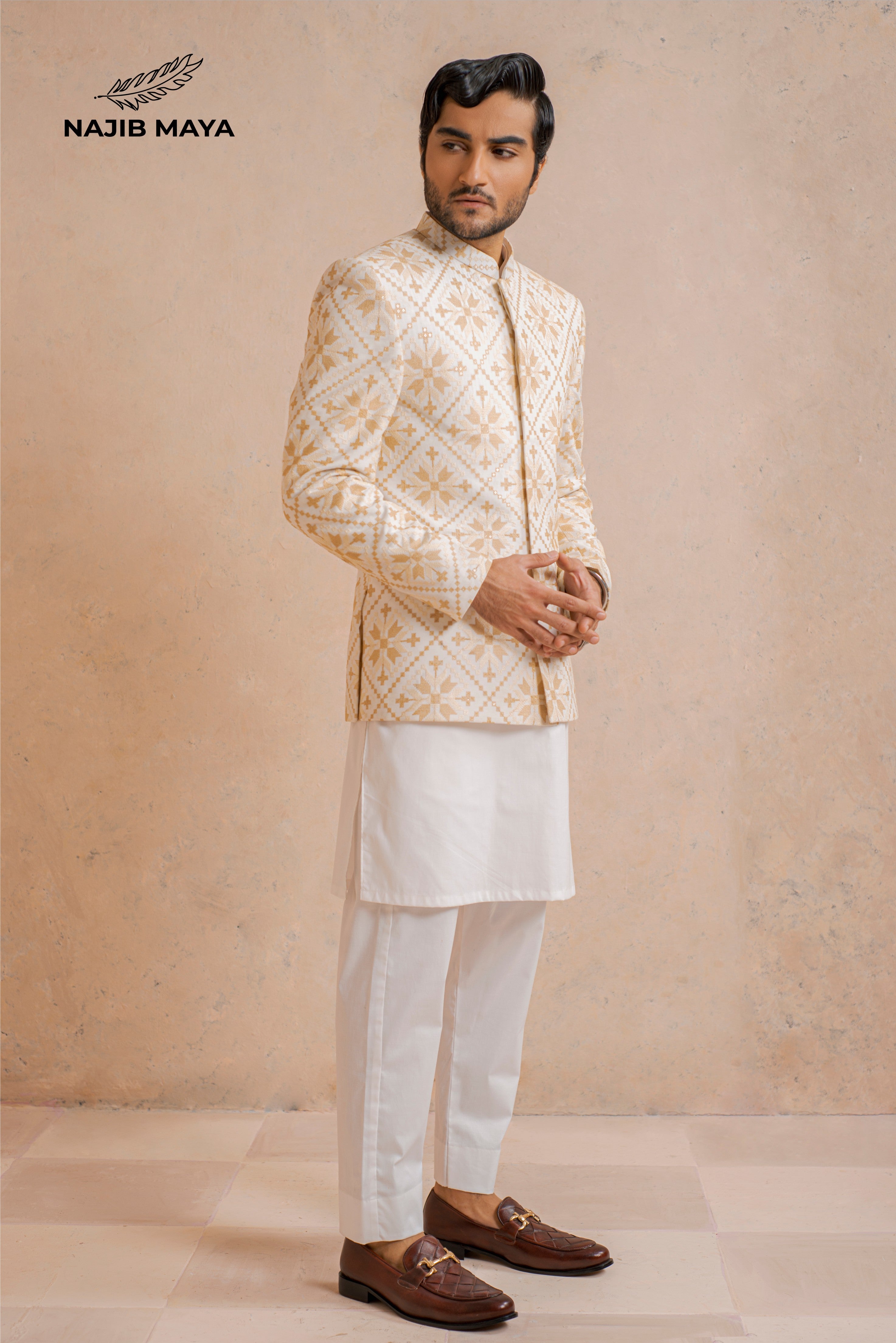 White & Cream Prince Coat + White Kurta Pajama For Men's