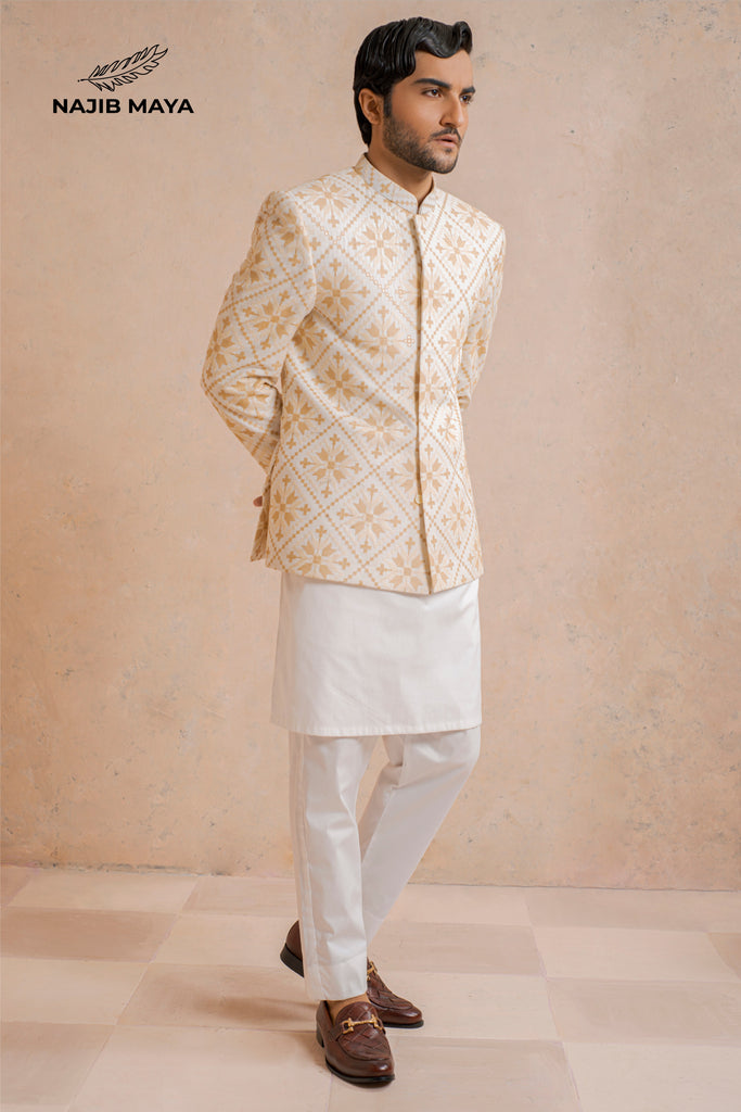 White & Cream Prince Coat + White Kurta Pajama For Men's