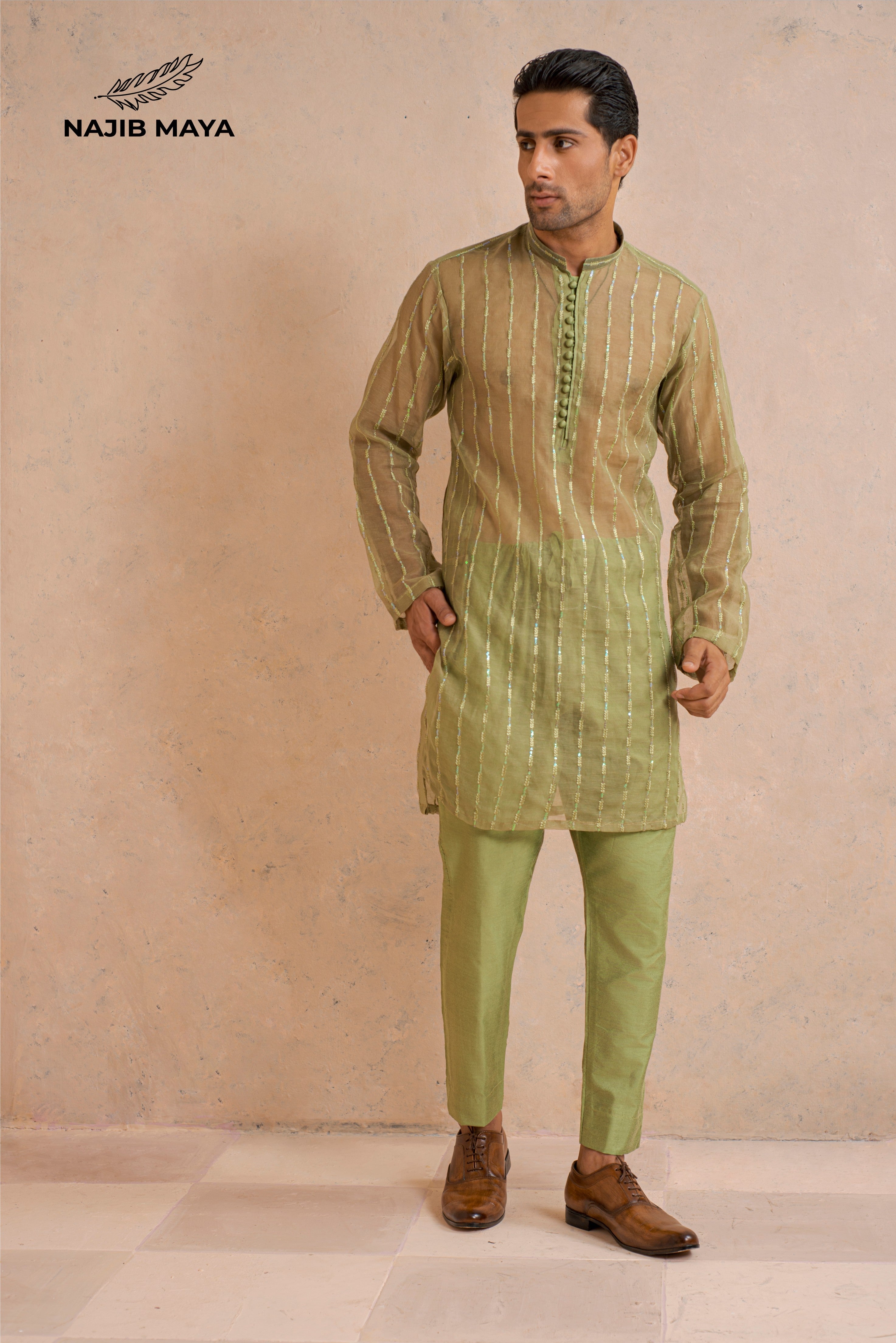 Pista Embroidery Kurta Pajama For Men's Main image