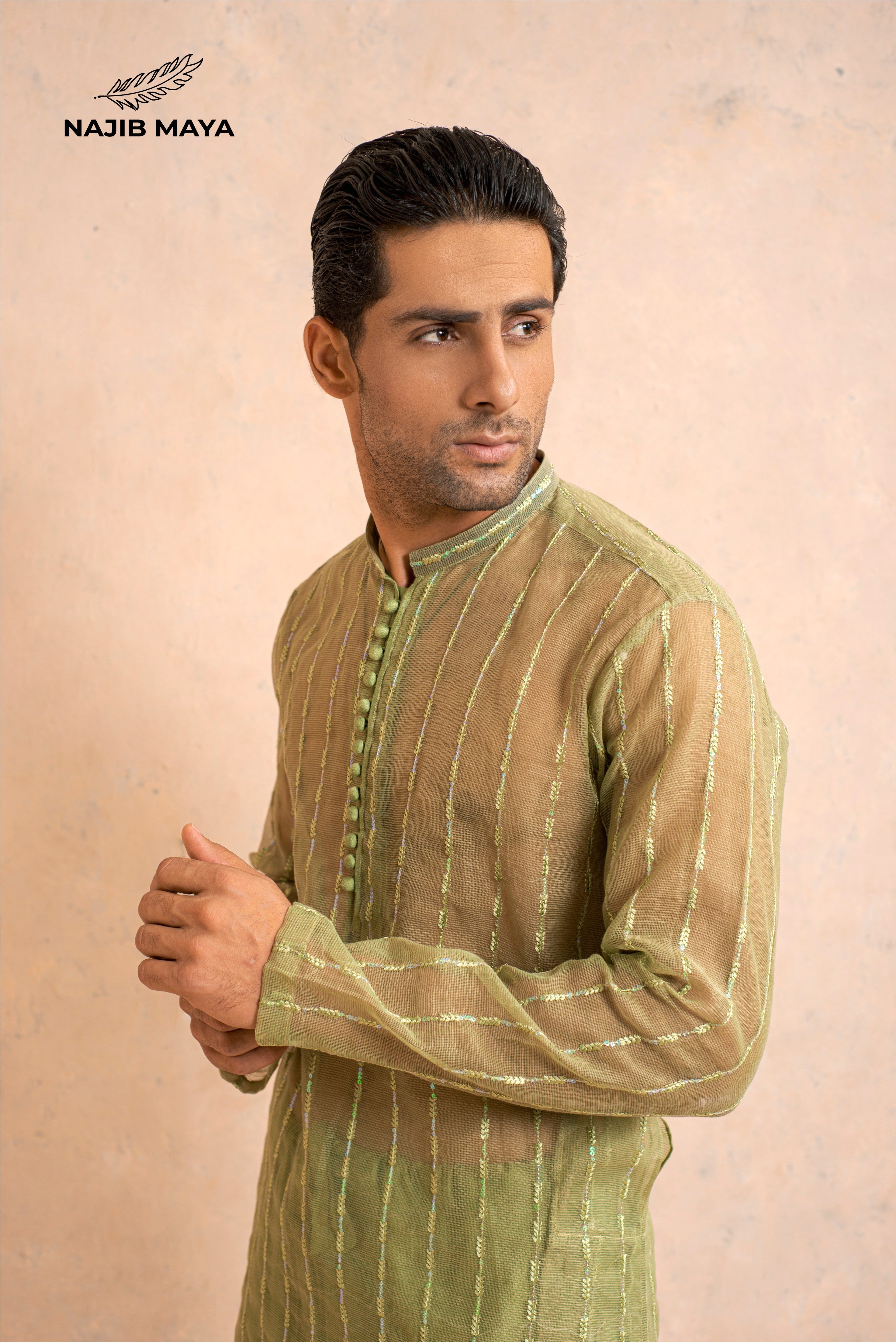 Pista Embroidery Kurta Pajama For Men's Secondary image