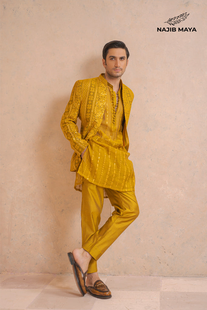 Yellow Mustard Embroidery Prince Coat + Yellow Mustard Embroidery Kurta Pajama For Men's