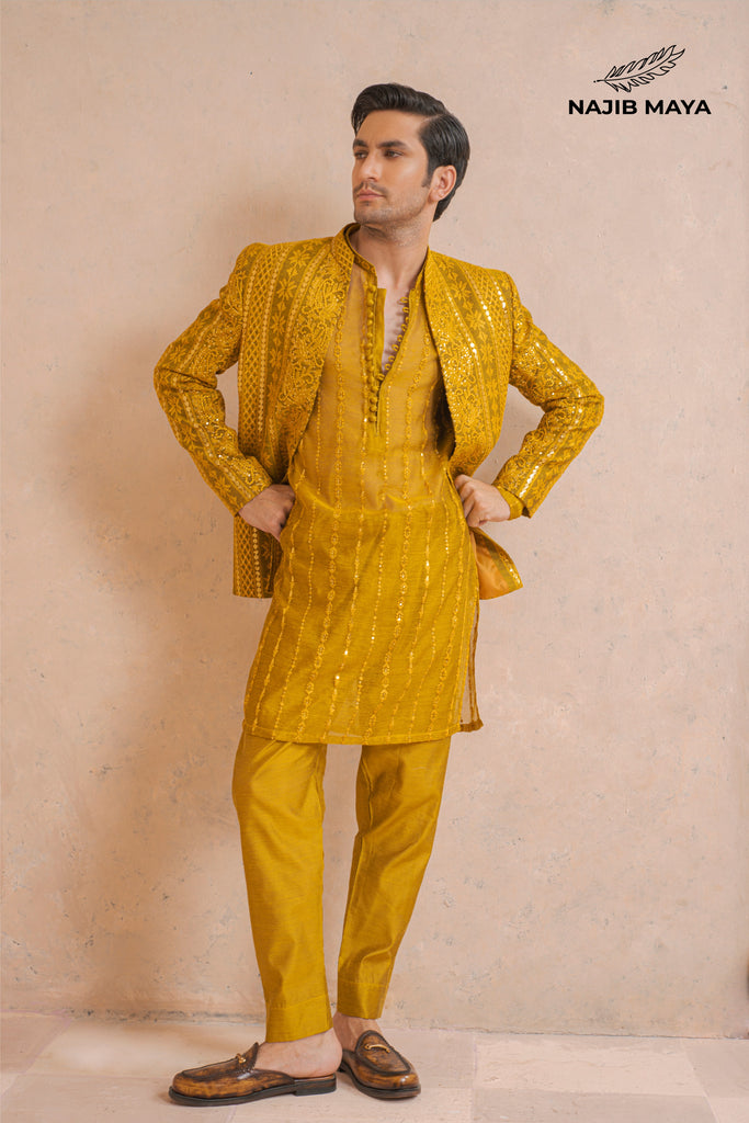 Yellow Mustard Embroidery Prince Coat + Yellow Mustard Embroidery Kurta Pajama For Men's