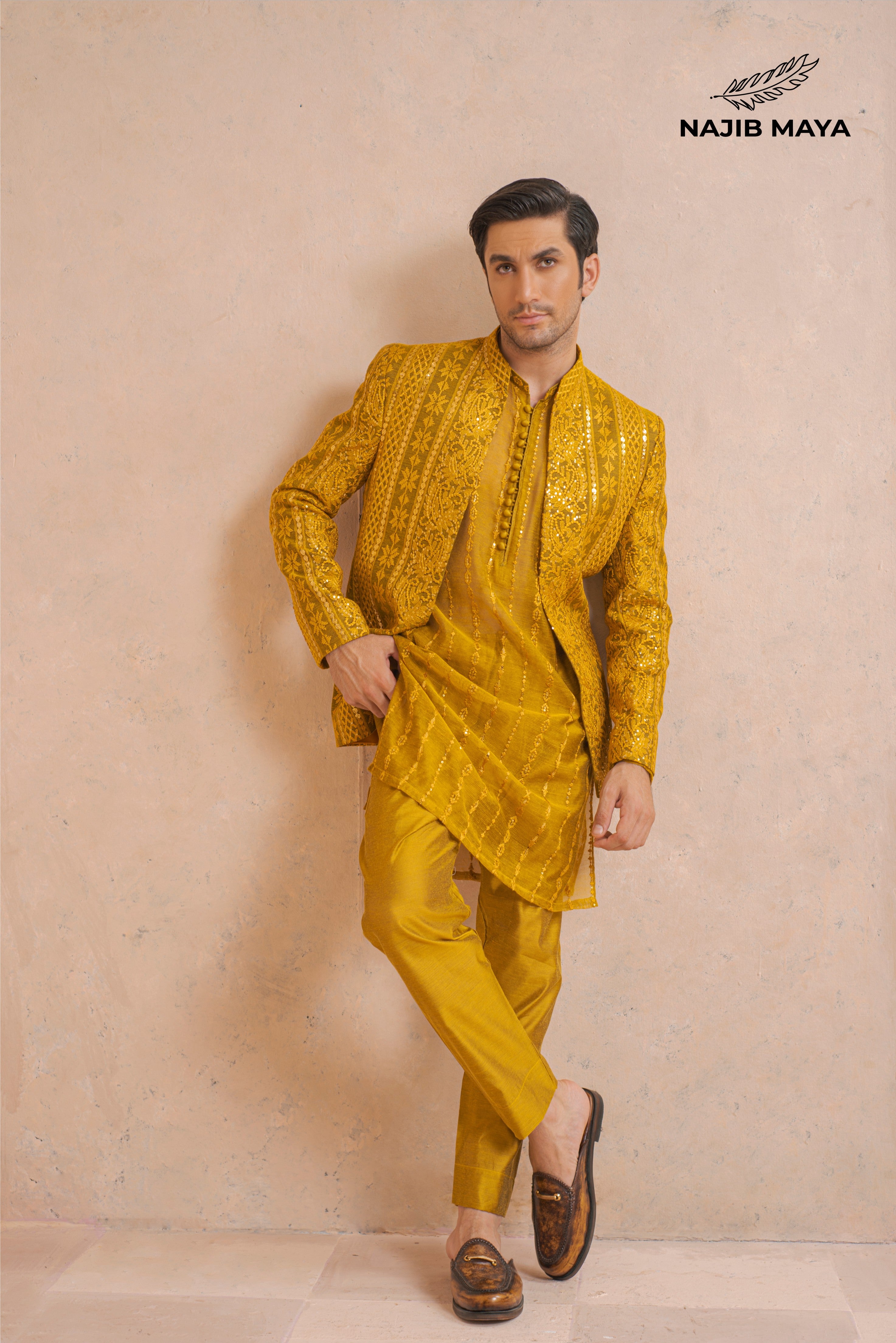 Yellow Mustard Embroidery Prince Coat + Yellow Mustard Embroidery Kurta Pajama For Men's Main image