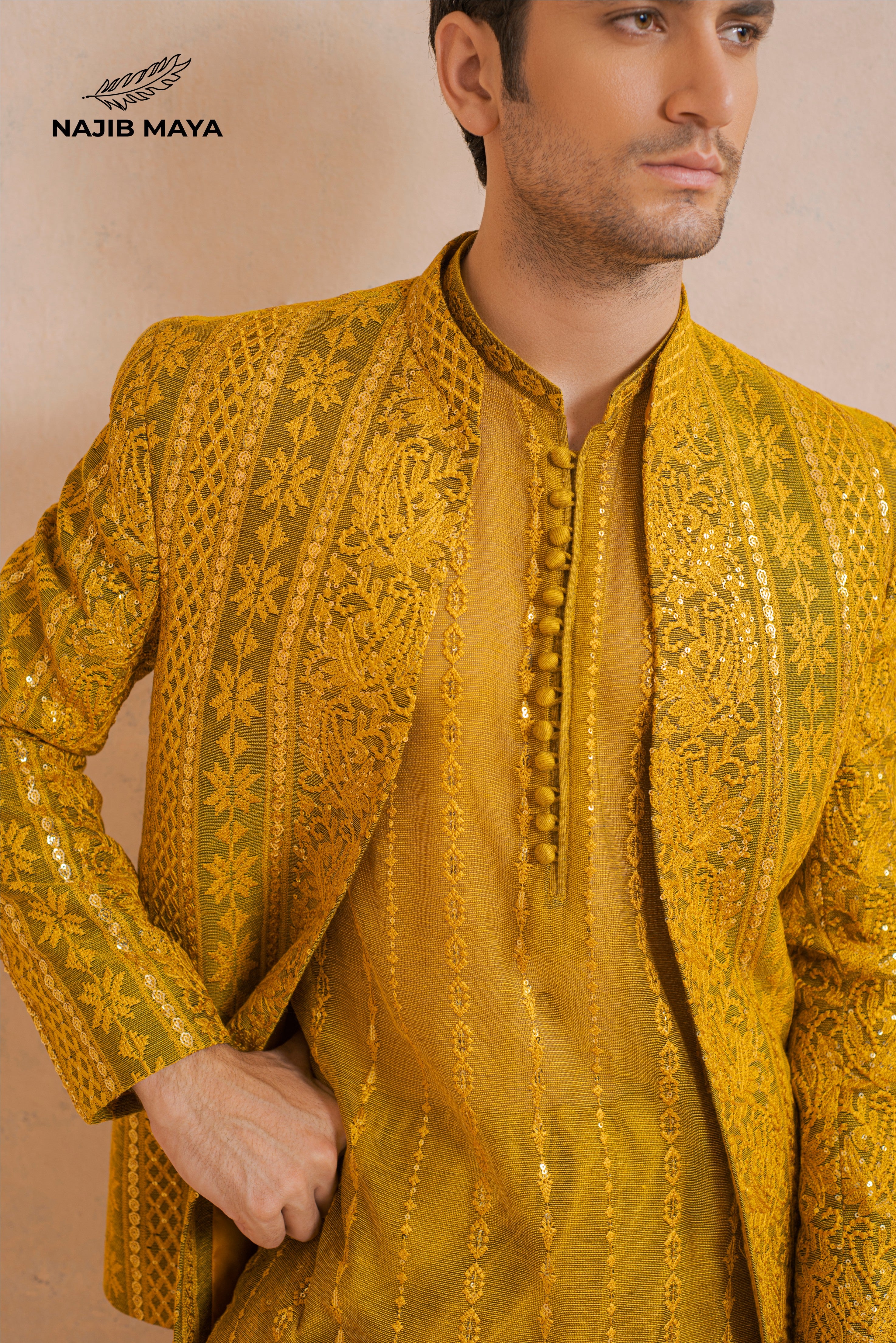 Yellow Mustard Embroidery Prince Coat + Yellow Mustard Embroidery Kurta Pajama For Men's Secondary image