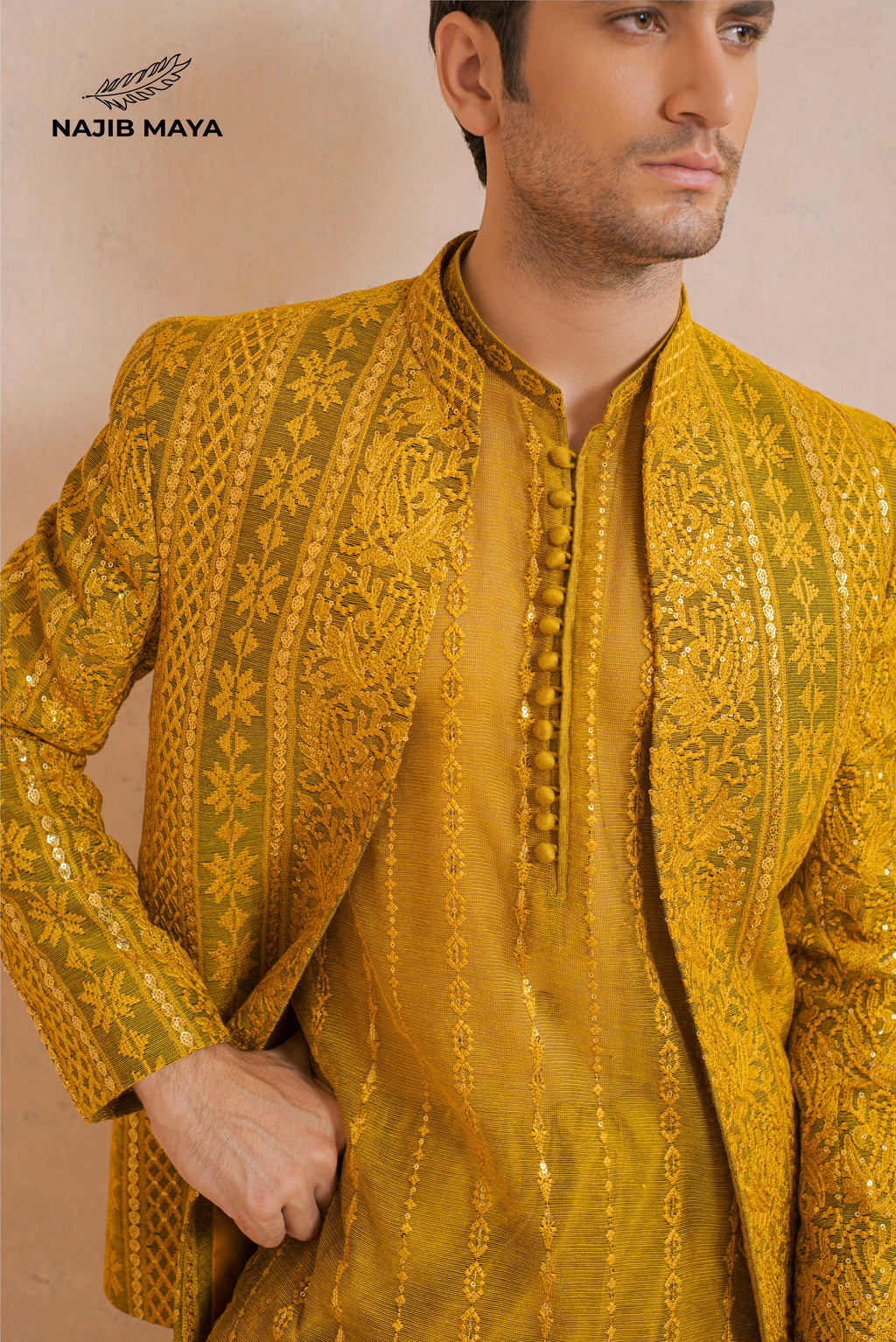Yellow Mustard Embroidery Prince Coat + Yellow Mustard Embroidery Kurta Pajama For Men's