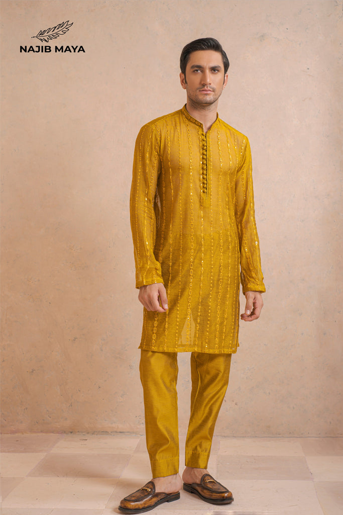 Yellow Mustard Embroidery Kurta Pajama For Men's