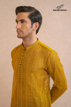 Yellow Mustard Embroidery Kurta Pajama For Men's
