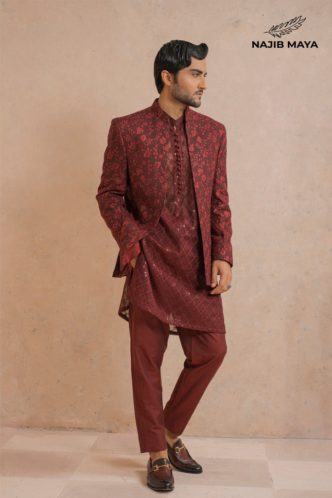 Premium Maroon Embroidery Prince Coat + Maroon Embroidery Kurta Pajama For Men's