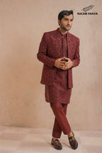 Premium Maroon Embroidery Prince Coat + Maroon Embroidery Kurta Pajama For Men's