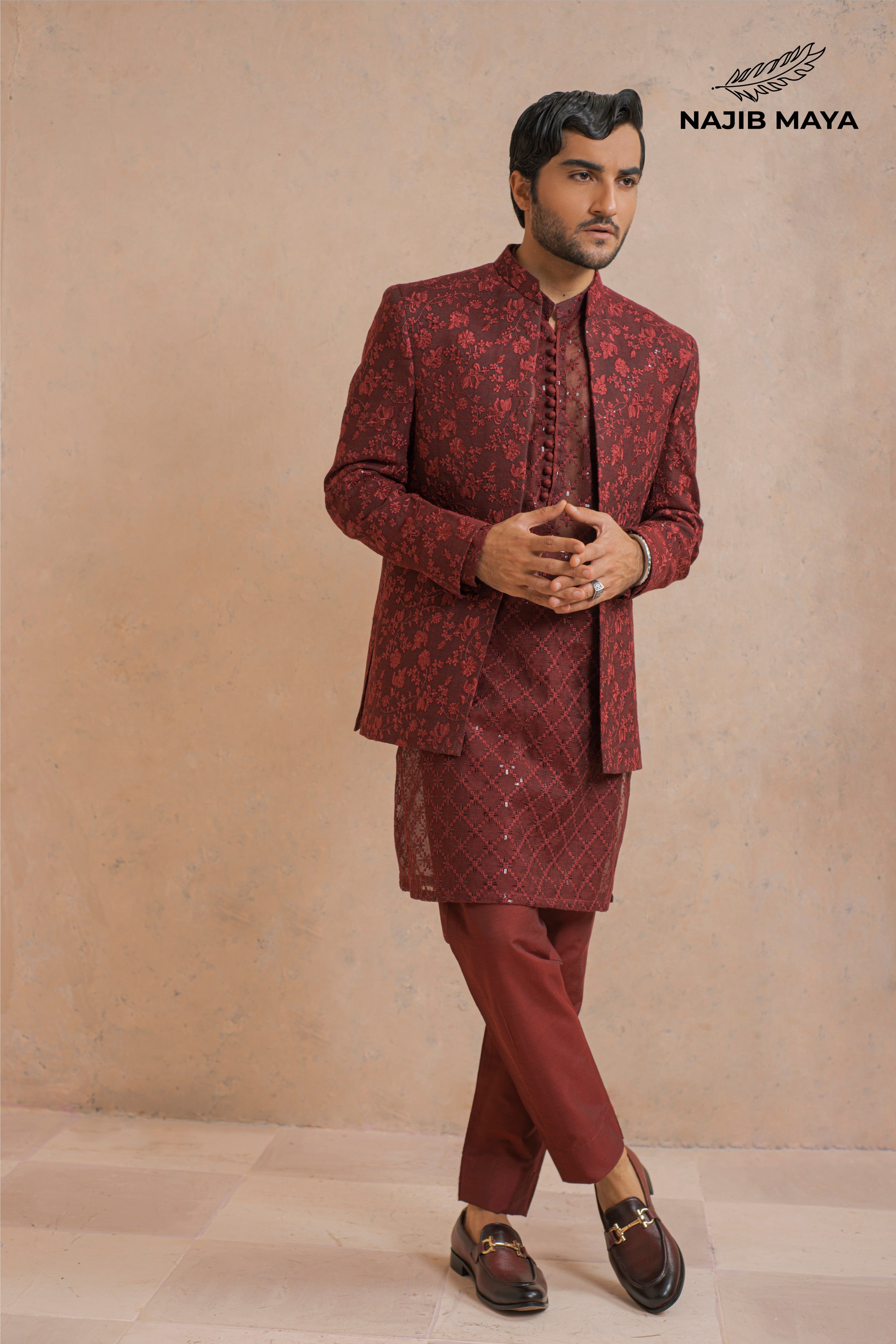 Premium Maroon Embroidery Prince Coat + Maroon Embroidery Kurta Pajama For Men's