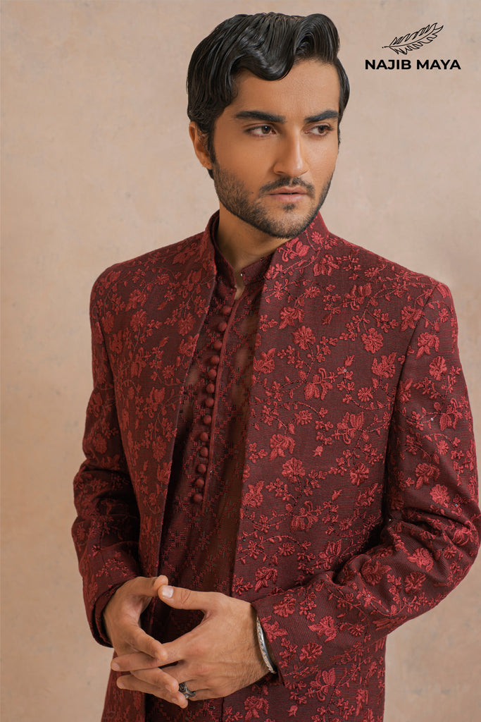 Premium Maroon Embroidery Prince Coat + Maroon Embroidery Kurta Pajama For Men's