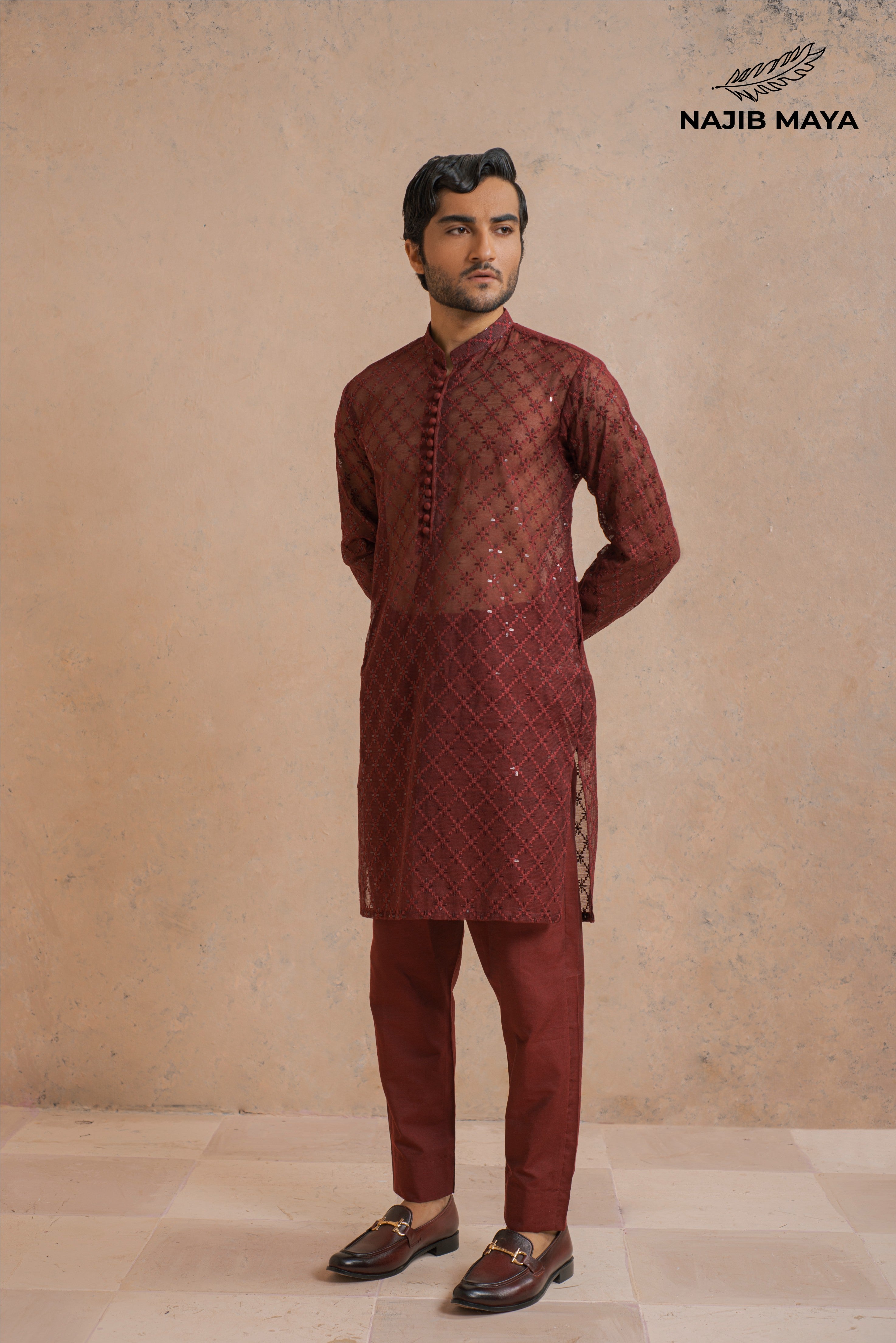 Maroon Embroidery Kurta Pajama For Men's Main image