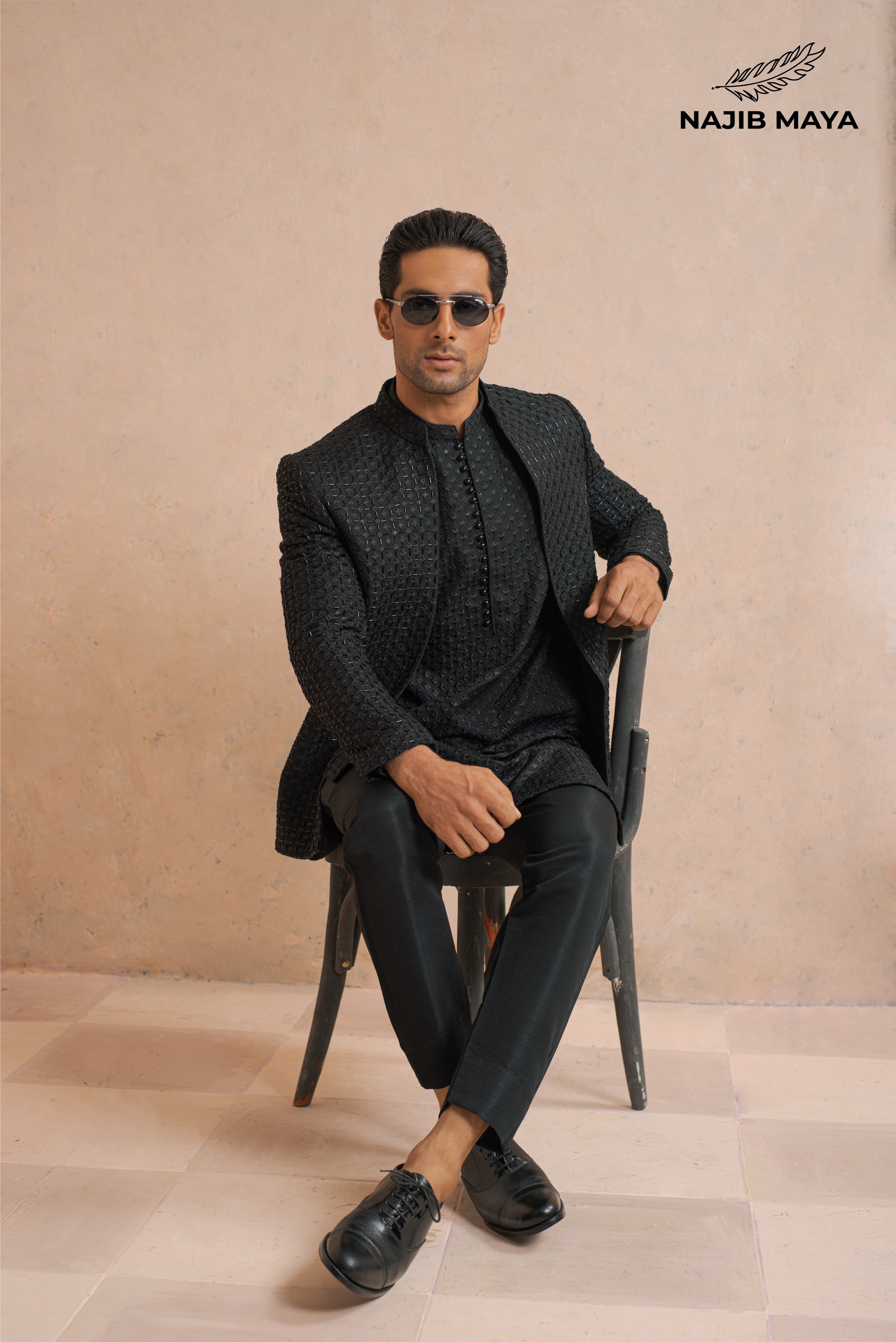 Black Hand Work Embroidery Prince Coat + Black Embroidery Kurta Pajama For Men's