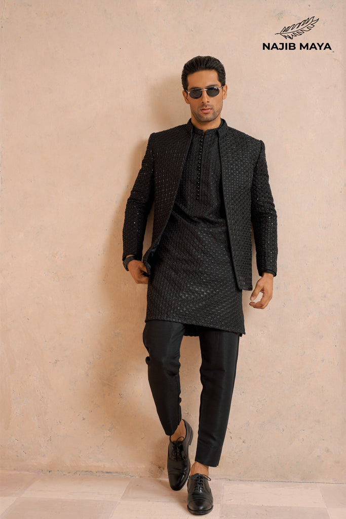 Black Hand Work Embroidery Prince Coat + Black Embroidery Kurta Pajama For Men's