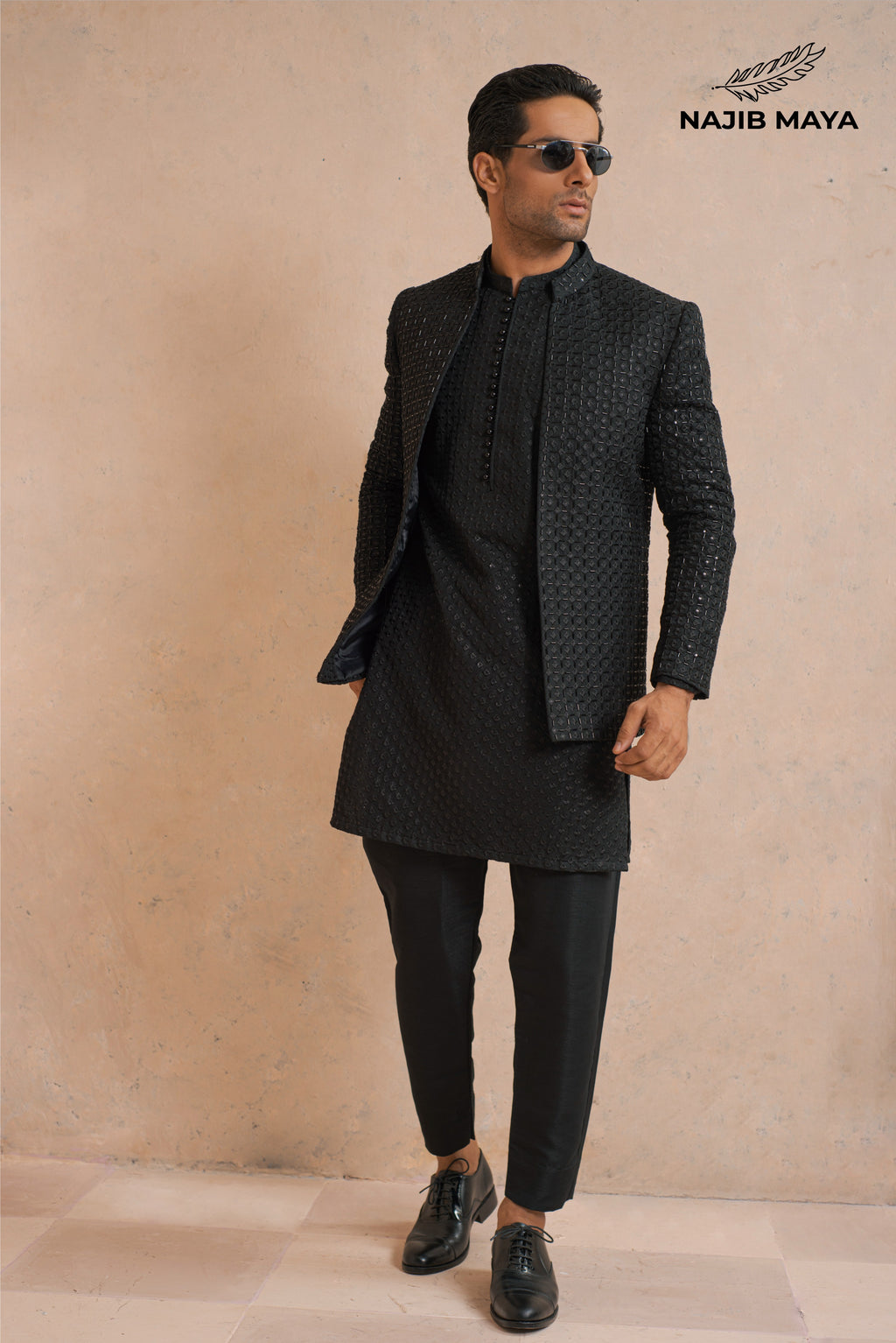 Black Hand Work Embroidery Prince Coat + Black Embroidery Kurta Pajama For Men's