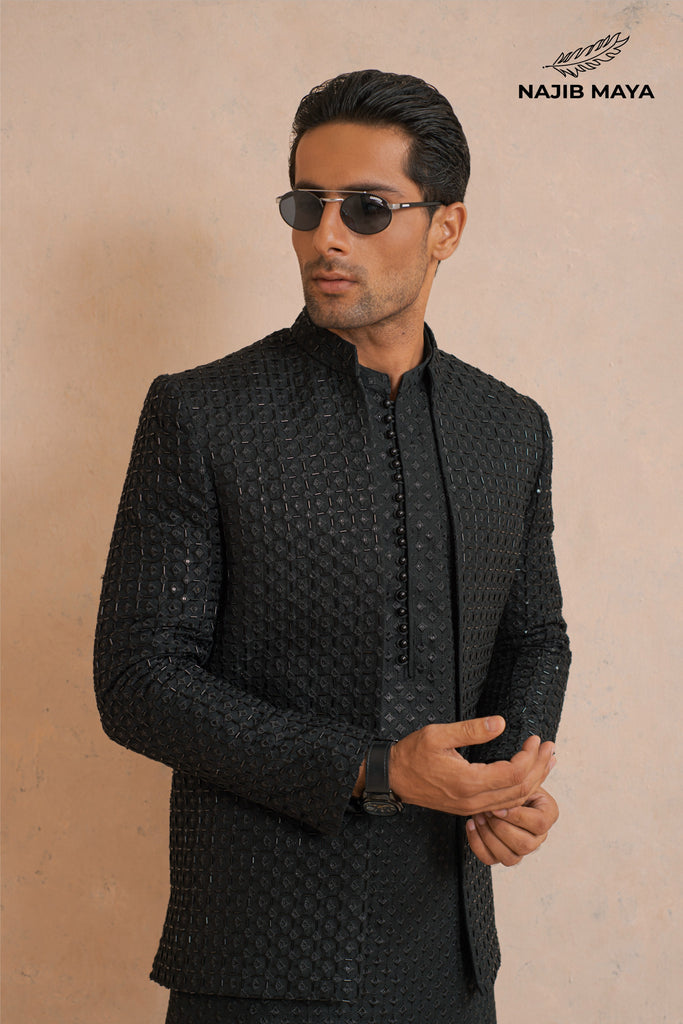 Black Hand Work Embroidery Prince Coat + Black Embroidery Kurta Pajama For Men's