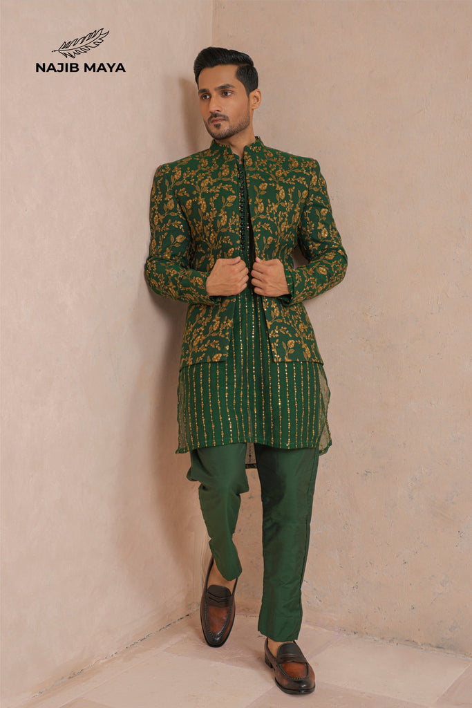 Green Golden Embroidery Prince Coat + Green Golden Embroidery Kurta Pajama For Men's