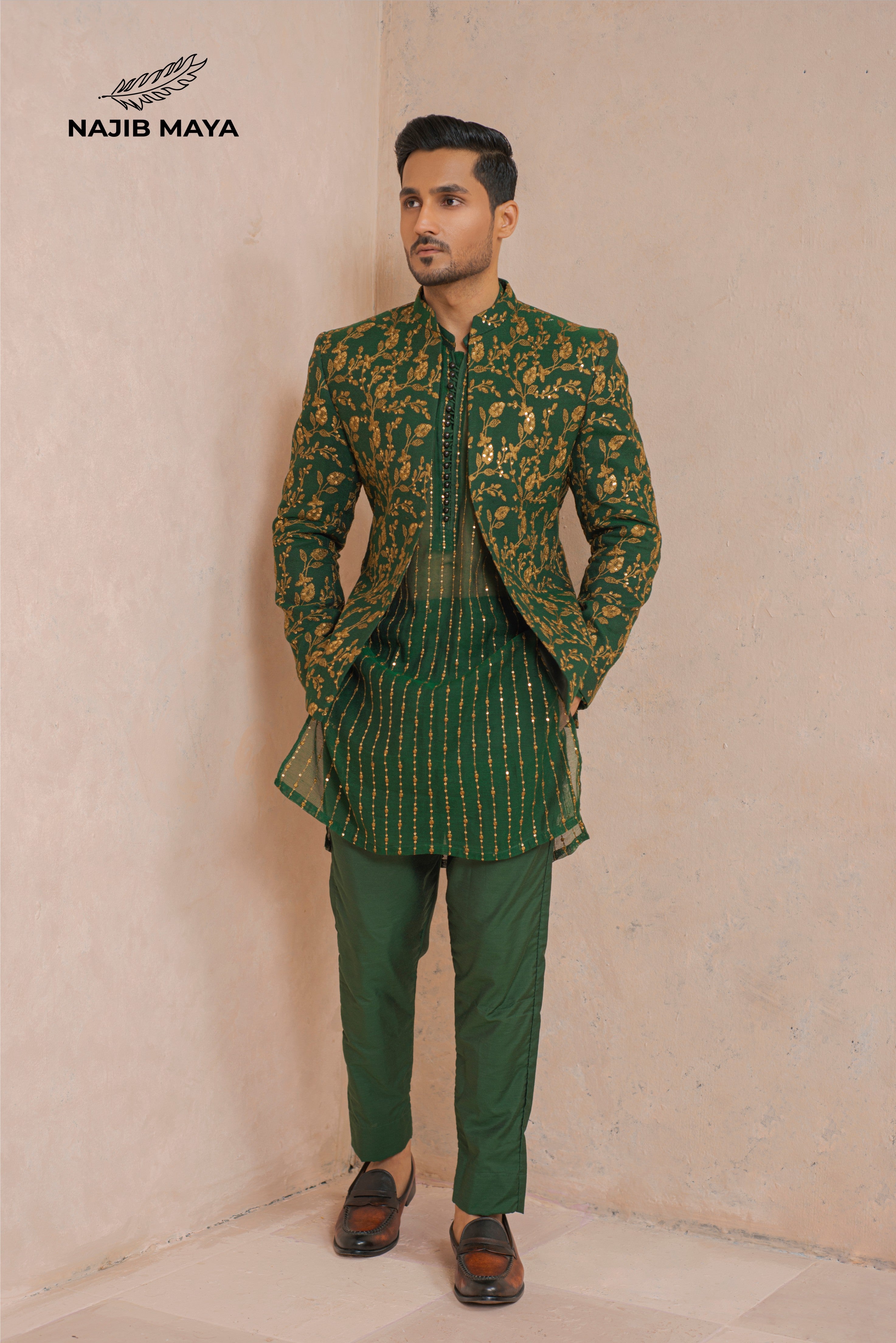 Green Golden Embroidery Prince Coat + Green Golden Embroidery Kurta Pajama For Men's Main image