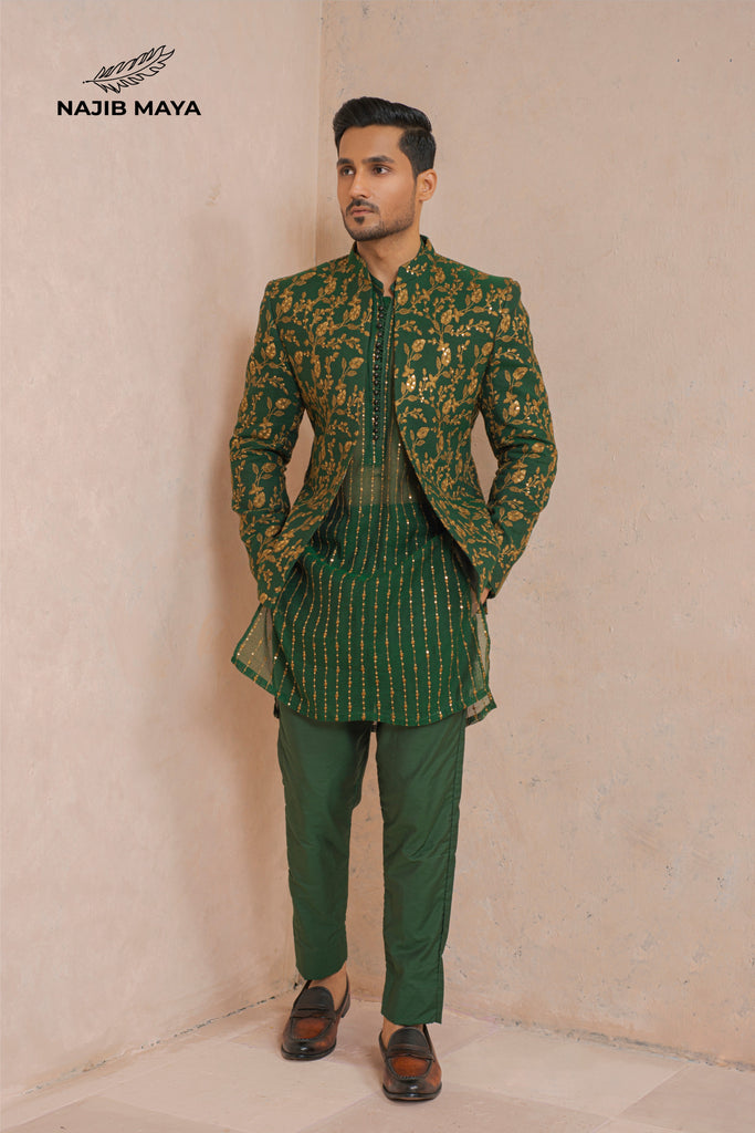 Green Golden Embroidery Prince Coat + Green Golden Embroidery Kurta Pajama For Men's