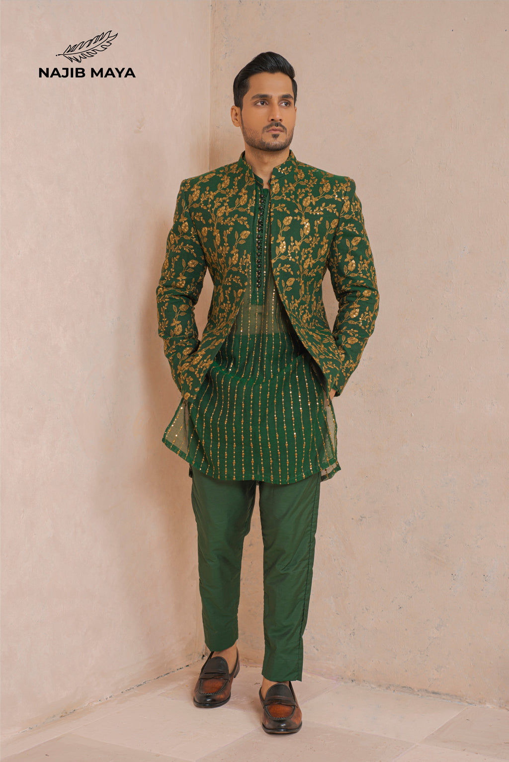 Green Golden Embroidery Prince Coat + Green Golden Embroidery Kurta Pajama For Men's