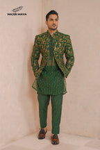 Green Golden Embroidery Prince Coat + Green Golden Embroidery Kurta Pajama For Men's
