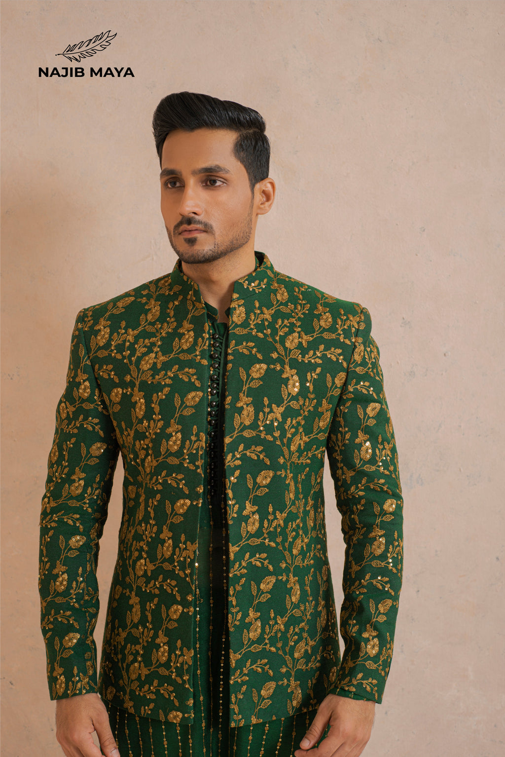 Green Golden Embroidery Prince Coat + Green Golden Embroidery Kurta Pajama For Men's