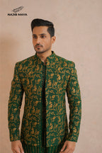Green Golden Embroidery Prince Coat + Green Golden Embroidery Kurta Pajama For Men's