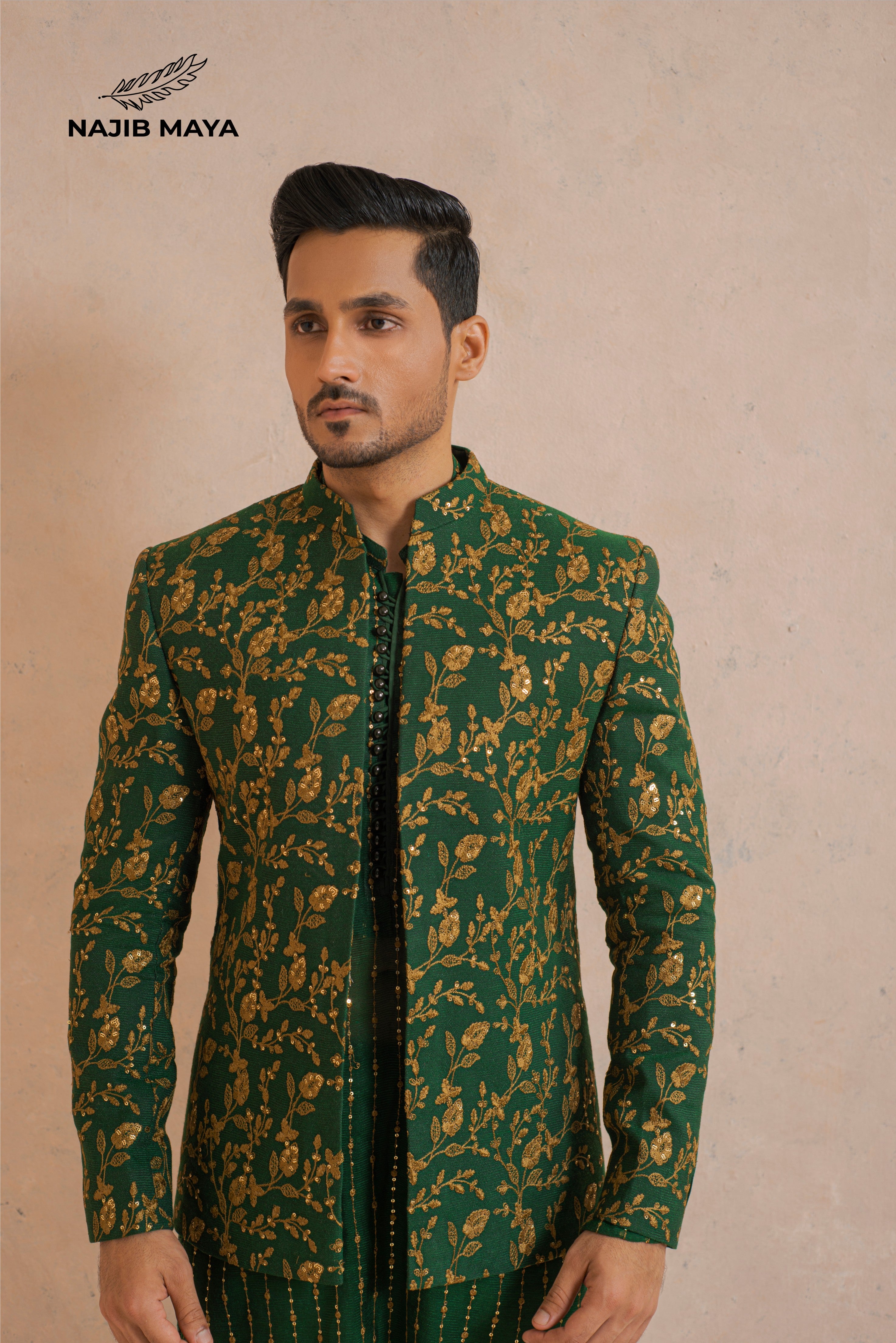 Green Golden Embroidery Prince Coat + Green Golden Embroidery Kurta Pajama For Men's
