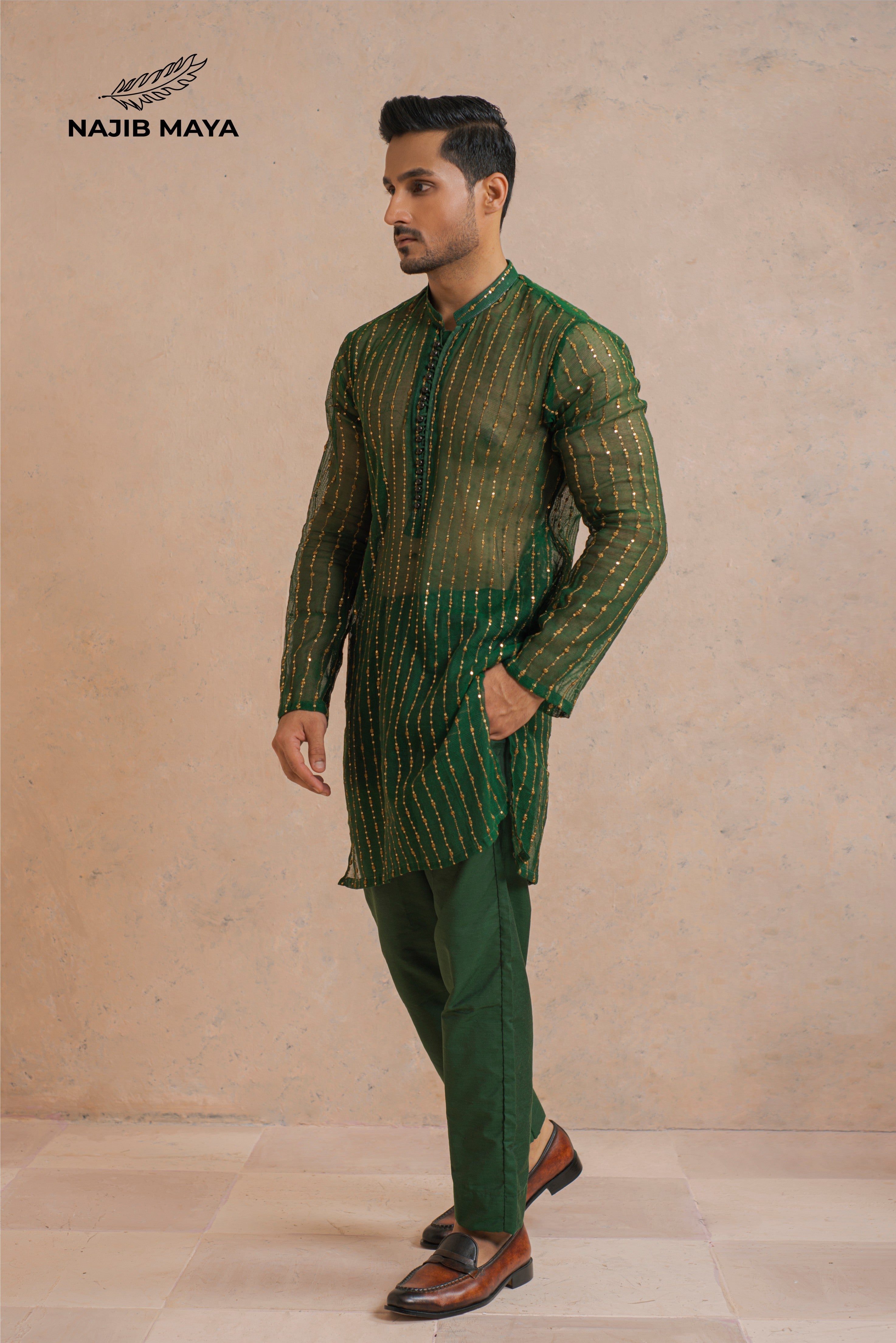 Green Golden Embroidery Kurta Pajama For Men's Main image