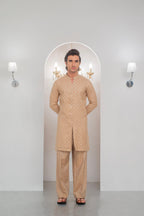 Mate Gold Front Open Embroidered Kurta With Bell Bottom Pajama For Men's