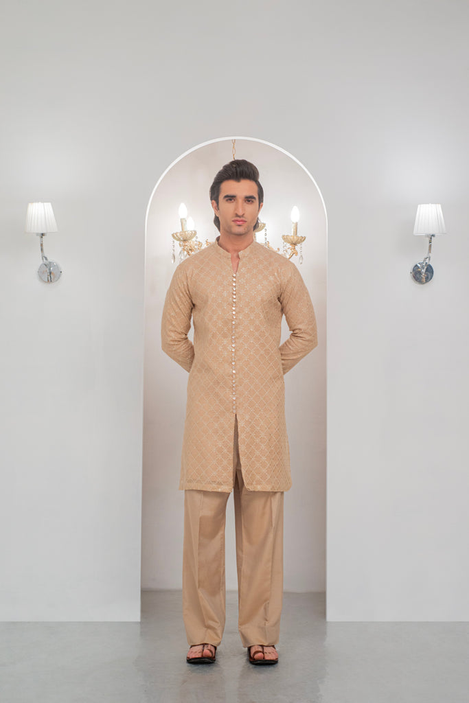 Mate Gold Front Open Embroidered Kurta With Bell Bottom Pajama For Men's